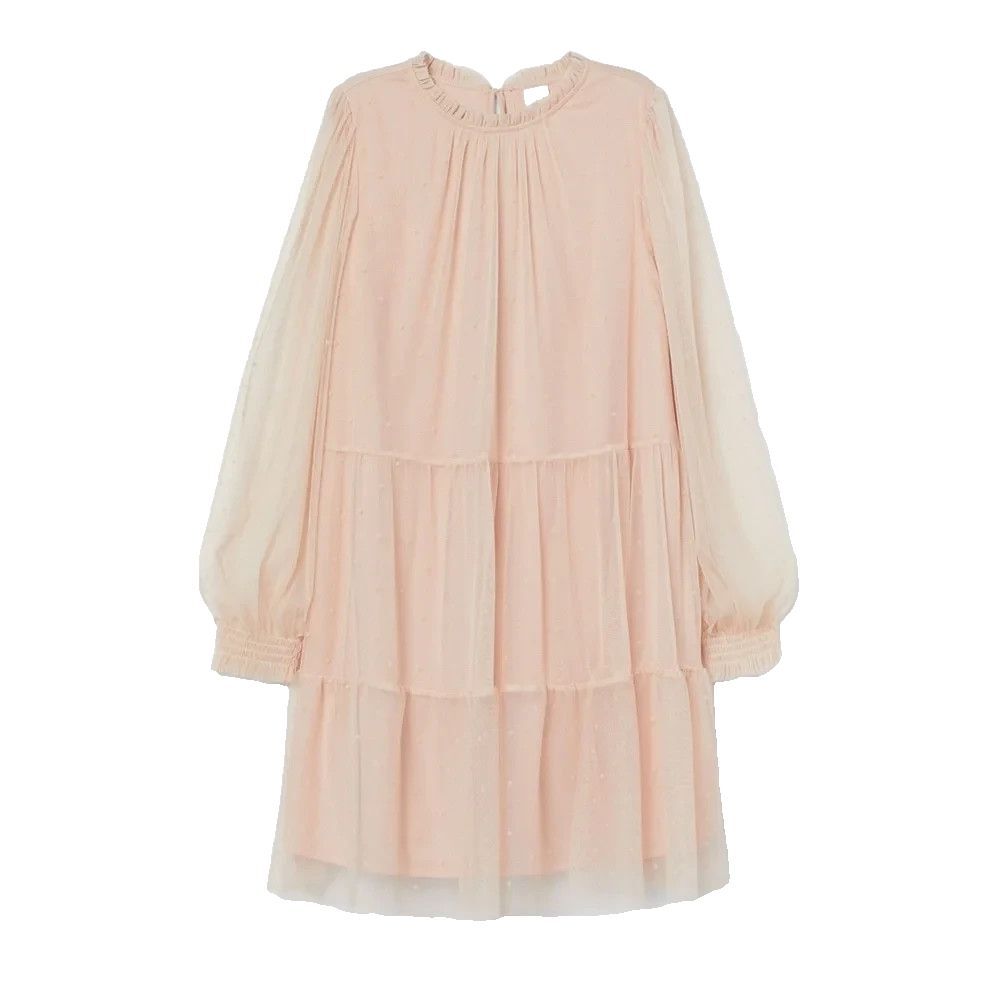 H&M Dress Women's Size Large Pink Swiss Dot Tiered Mesh Semi-Sheer